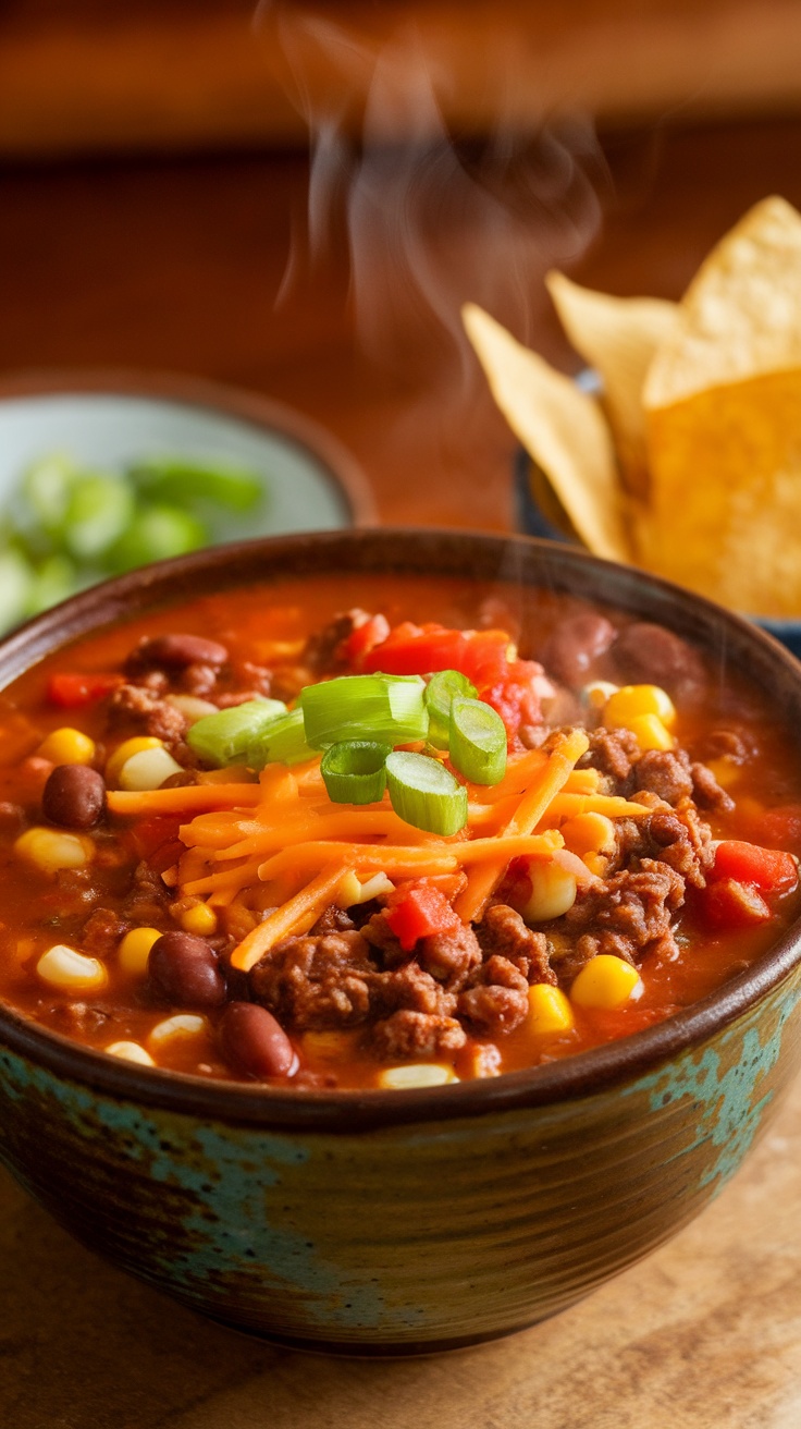 Hearty Taco Soup with beans, beef, corn, and topped with cheese and onions, in a bowl with tortilla chips.